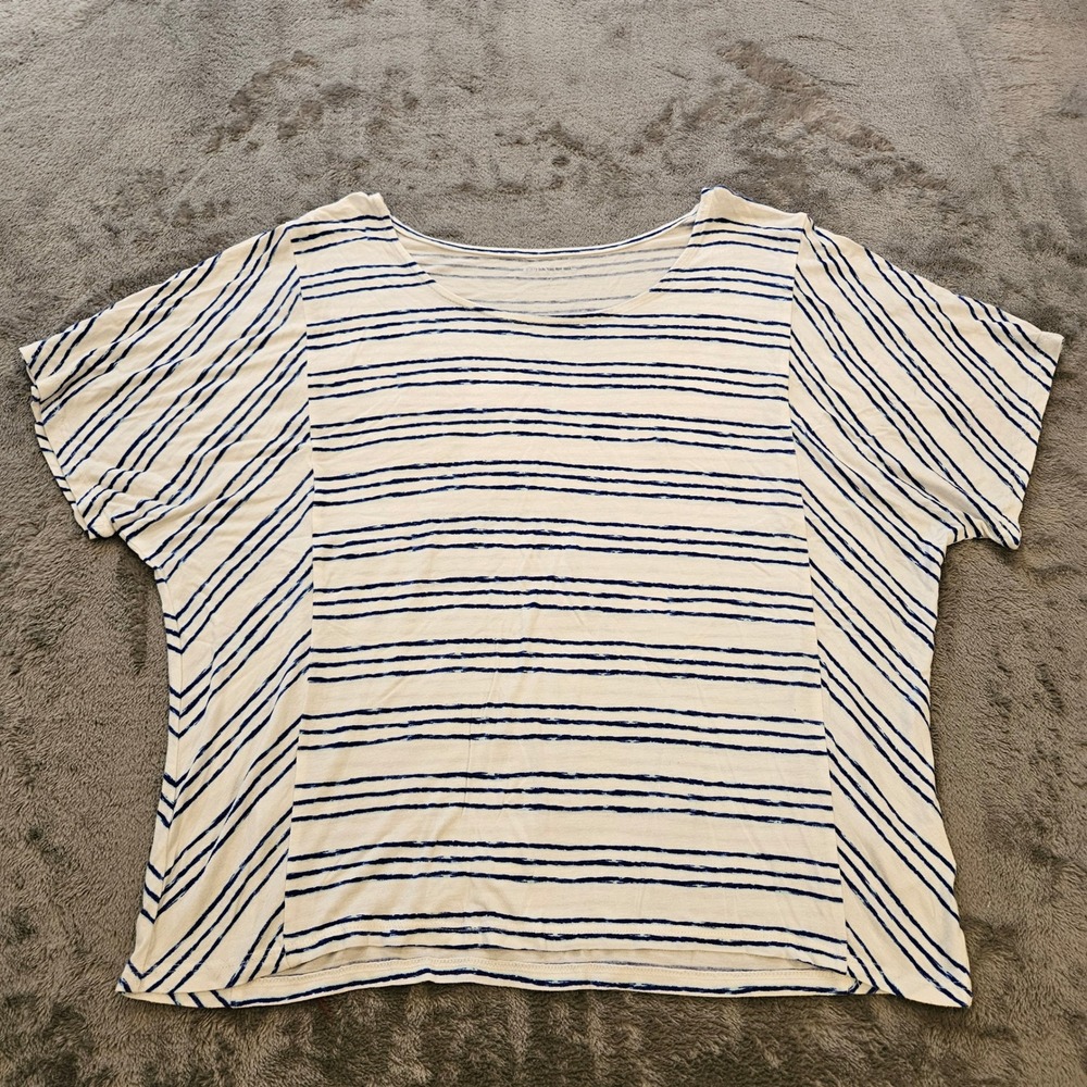 Stylus Womens Blue White Striped Boxy Short Sleeve Scoop Neck Tee Shirt Size S